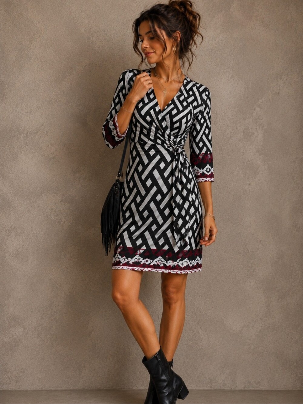 White House Black Market Black & Burgundy Geometric Midi Dress